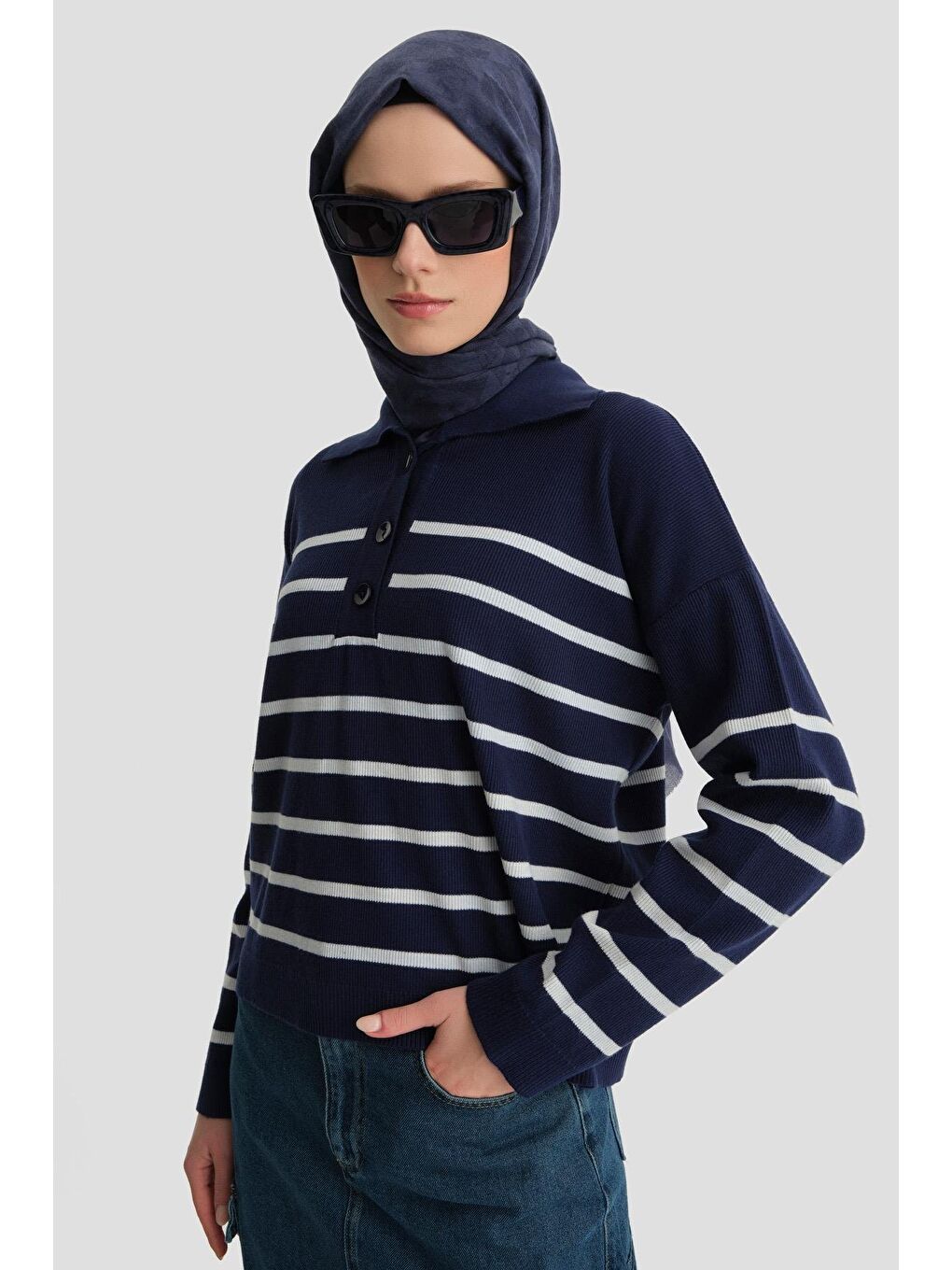 Çizgili Triko Kazak 24Kd4208 Lacivert-4