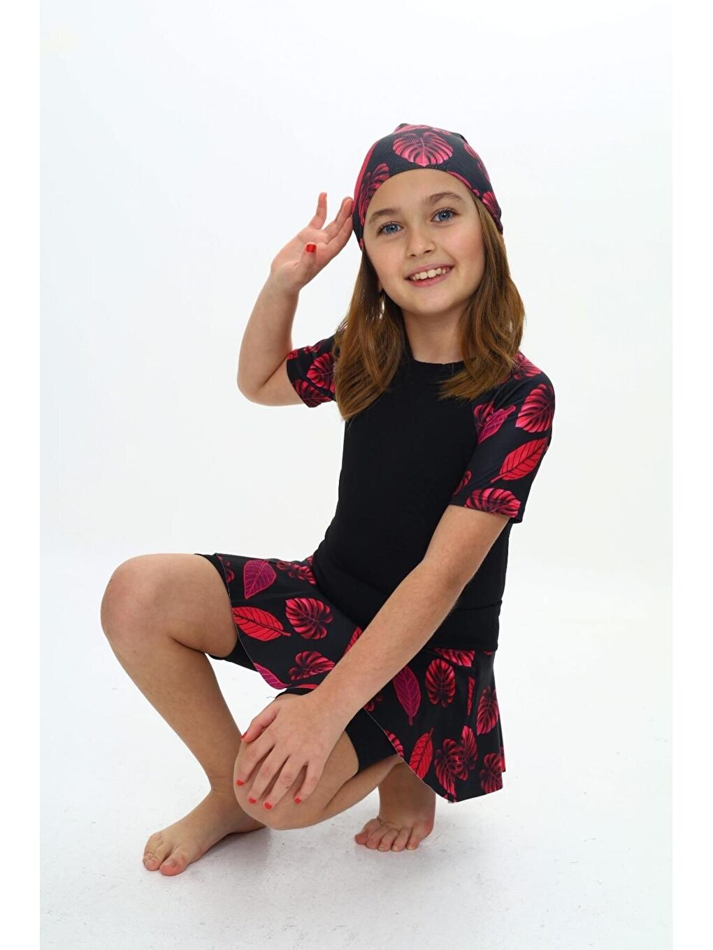 Siyah Elastanlı Dalgıç Kumaş Üç Parça Kız çocuk Mayo-2