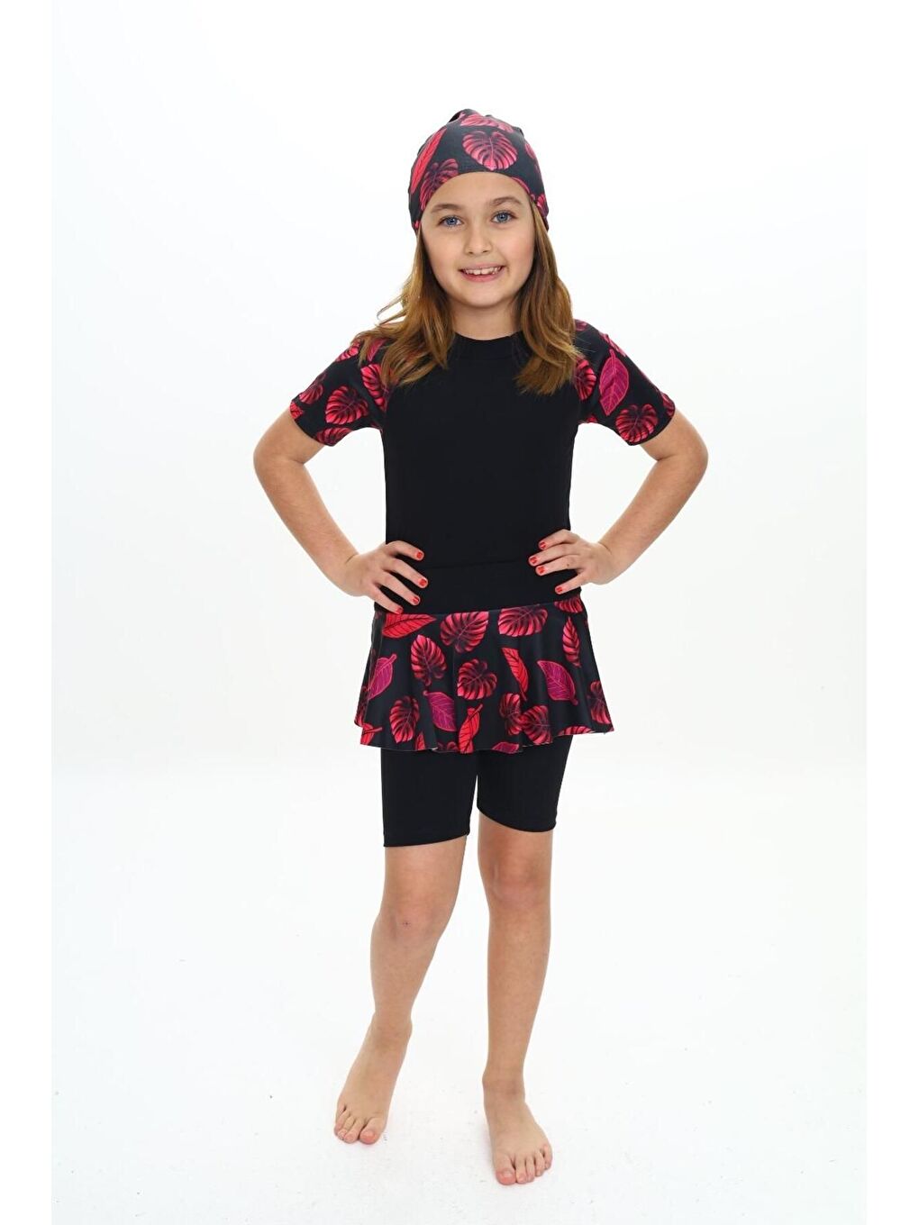 Siyah Elastanlı Dalgıç Kumaş Üç Parça Kız çocuk Mayo-4