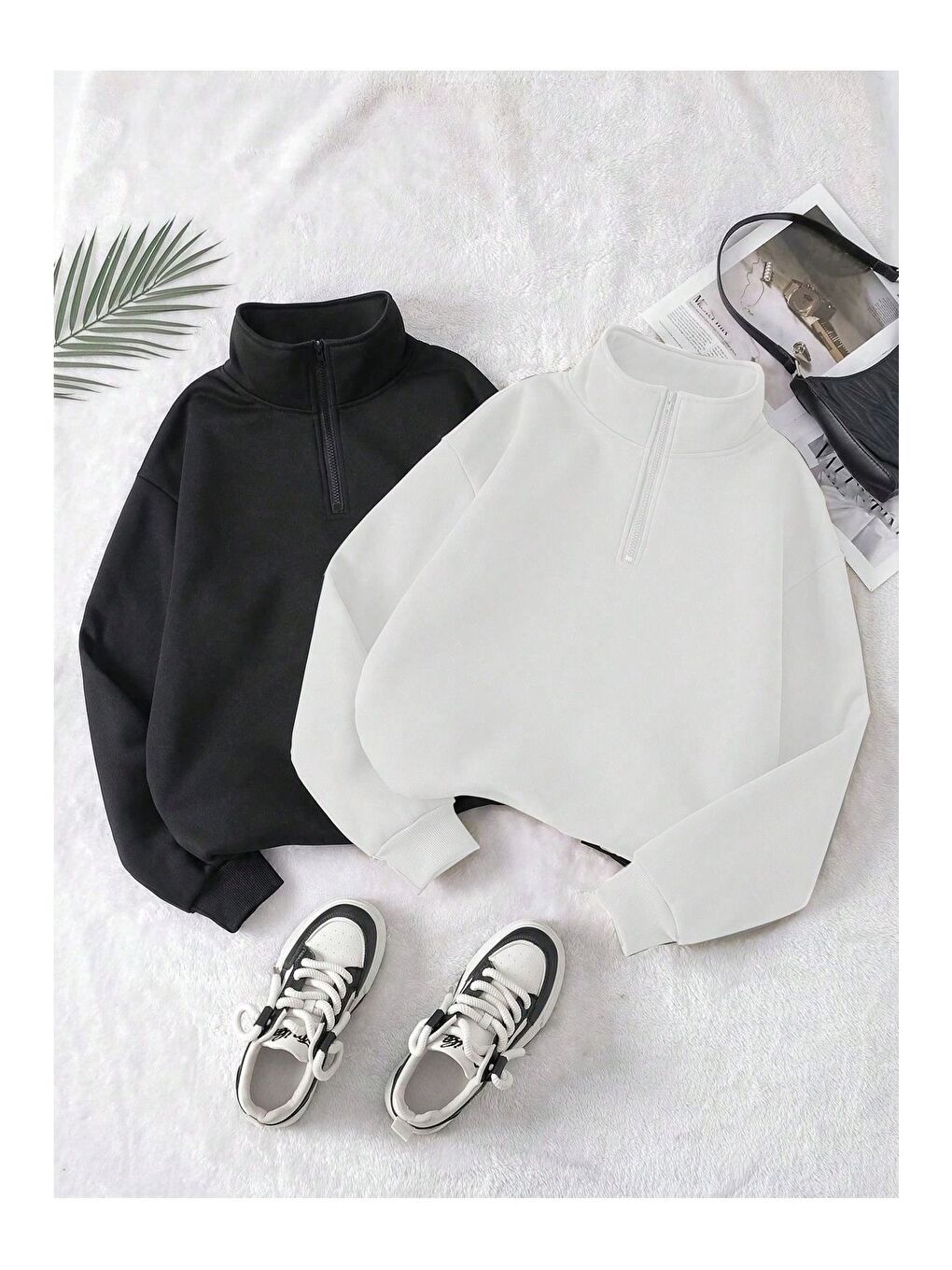 Trendseninle Kadın Beyaz Siyah Oversize Yarım Fermuarlı 2Li Sweatshirt Set