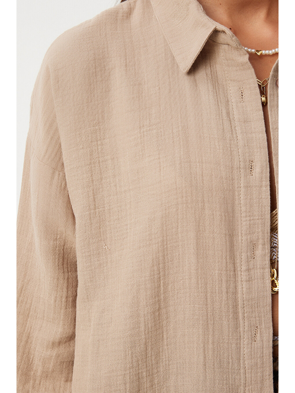 Bej Oversize Basic Müslin Gömlek BEJ LMX0002-2