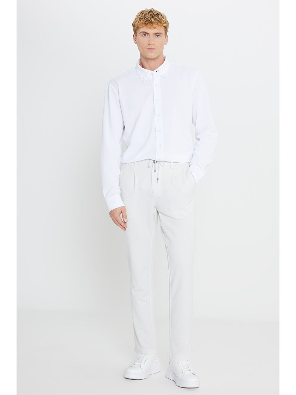 Bej Erkek Taş 360 Her Yöne Esneyen Slim Fit Dar Kesim Beli Bağlamalı Armürlü Casual Pantolon-1