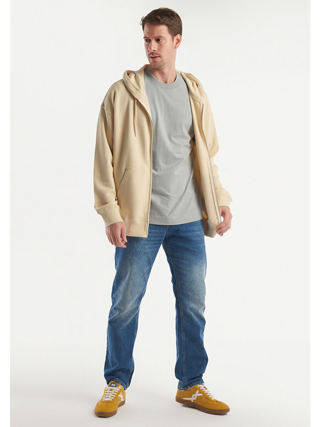 Bej Kapüşonlu  Erkek Fermuarlı Sweatshirt Hırka