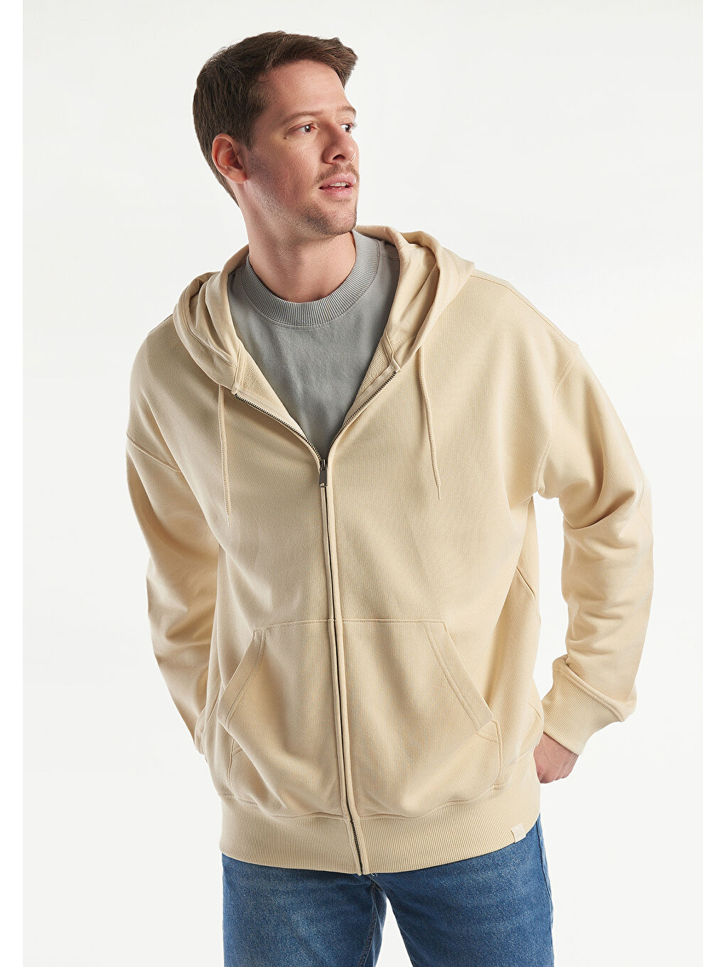 Bej Kapüşonlu  Erkek Fermuarlı Sweatshirt Hırka-1