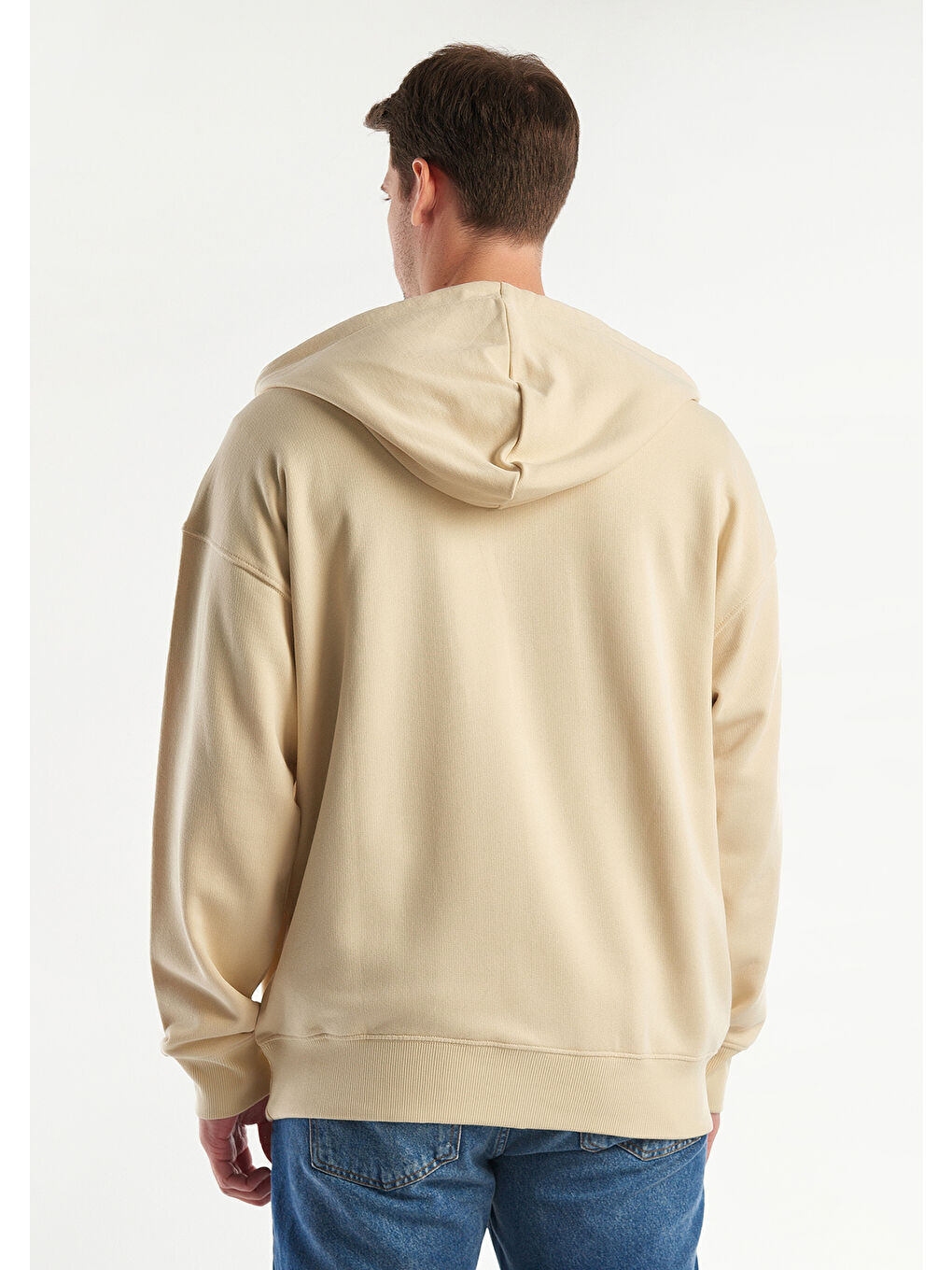 Bej Kapüşonlu  Erkek Fermuarlı Sweatshirt Hırka-2