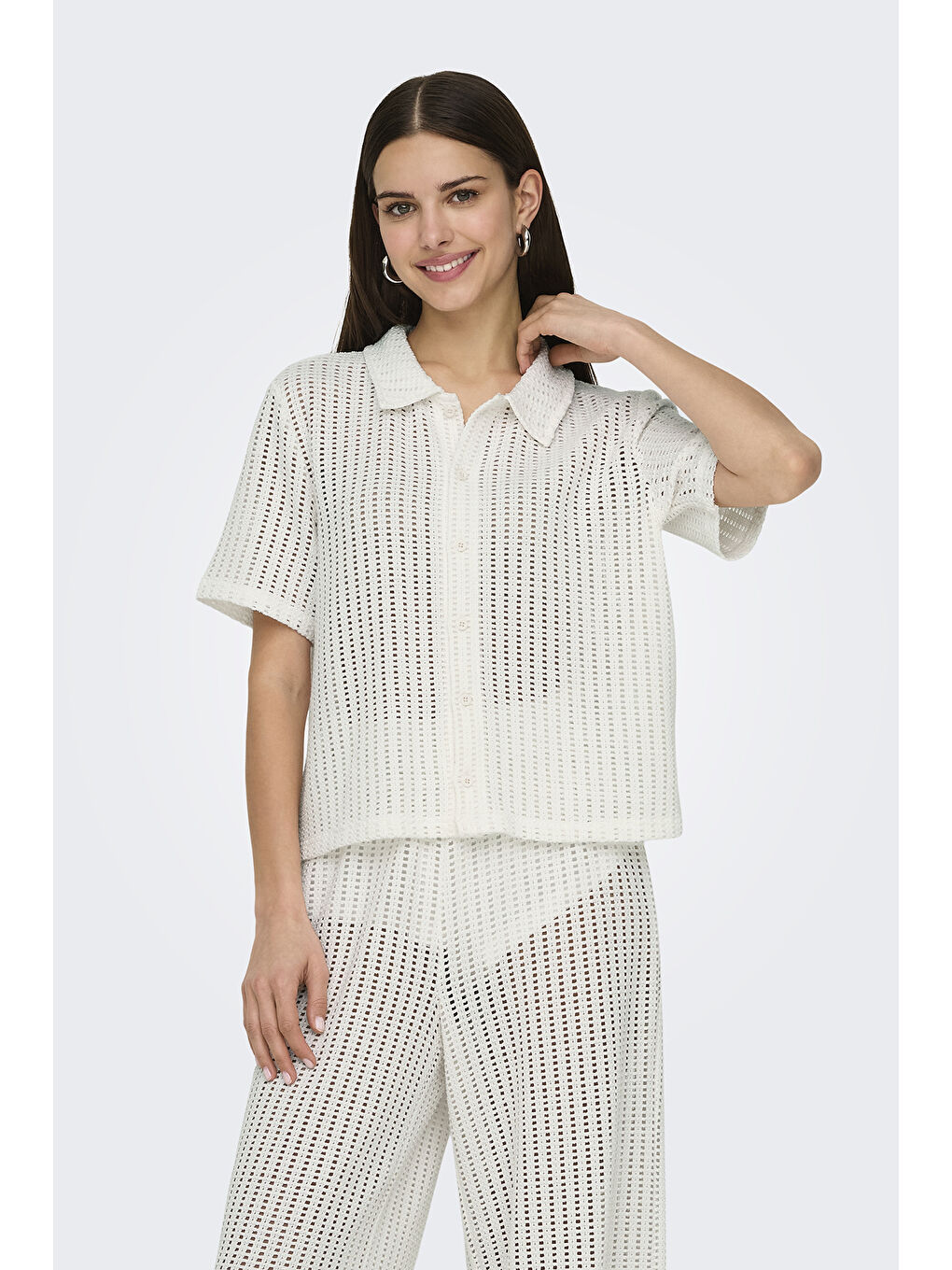 Ekru Onlfreya Ajurlu Regular Fit Baskı Detaylı Gömlek 15349327