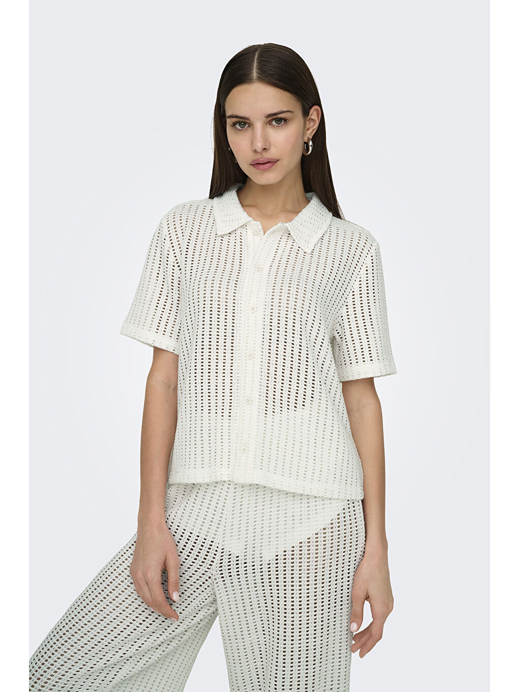 Ekru Onlfreya Ajurlu Regular Fit Baskı Detaylı Gömlek 15349327-1