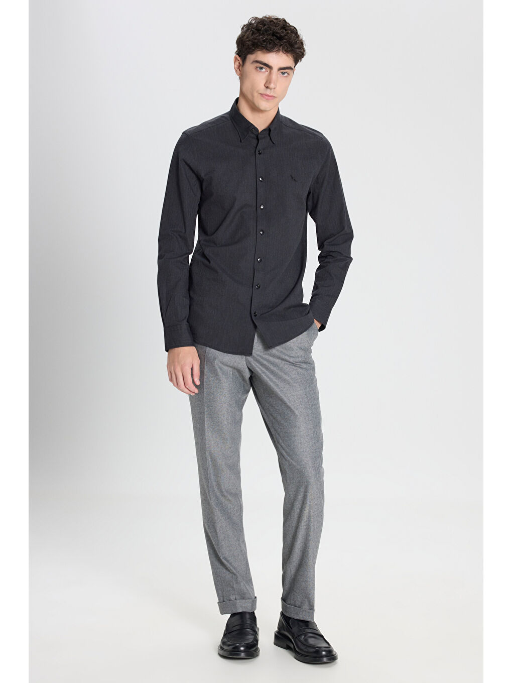 Erkek Antrasit %100 Pamuk Slim Fit Dar Kesim Gizli Düğmeli Yaka Balıksırtı Desenli Gömlek-1