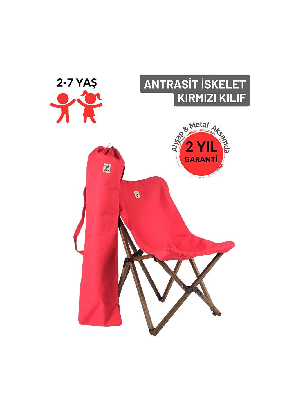 Bag The Joy Kırmızı Kıds Katlanır Ahşap Kamp   Bahçe Sandalyesi Antrasit İskelet   Kırmızı Kılıf