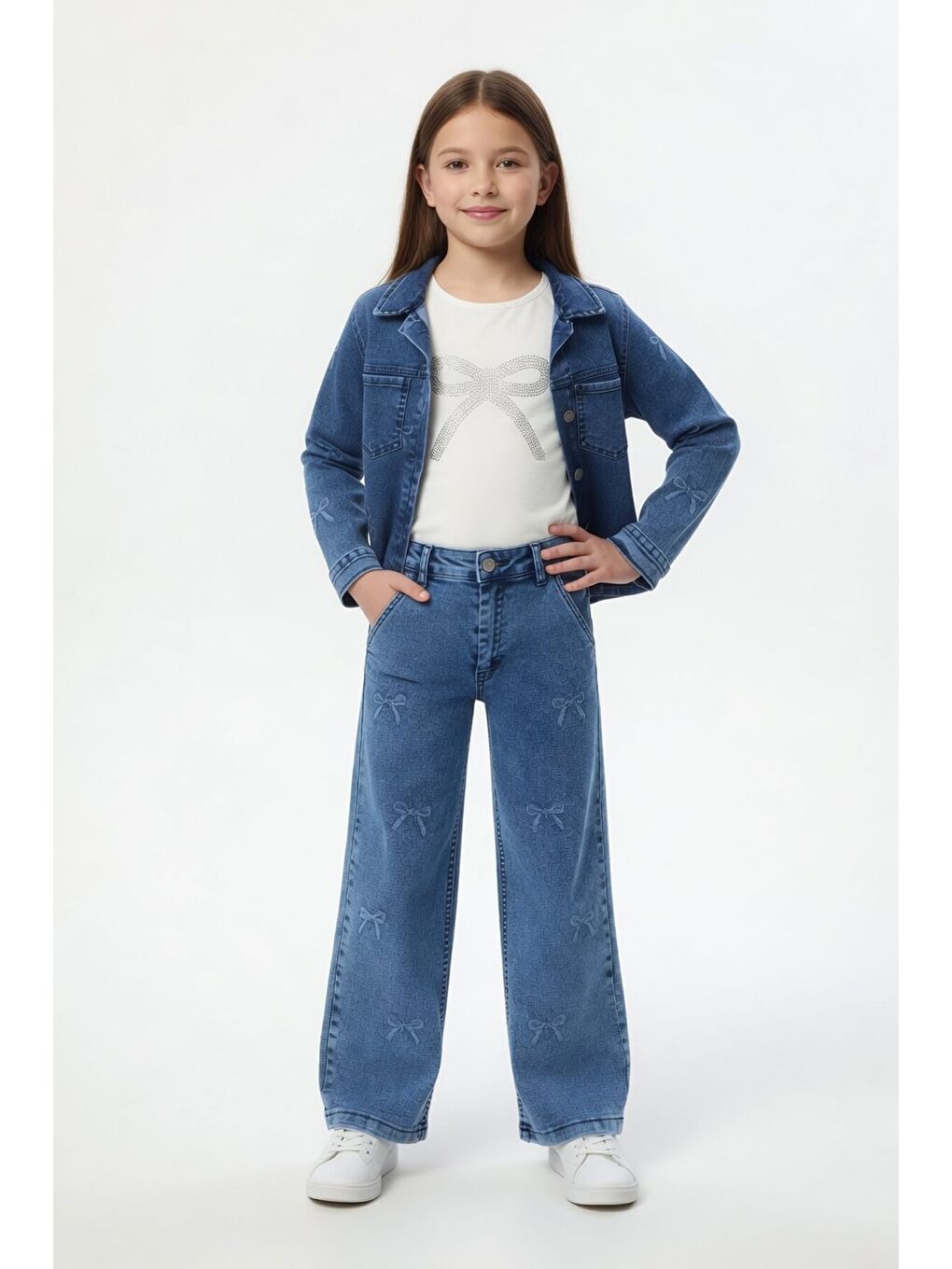 Mavi Fiyonk Desenli Jean Ceketli Pantolonlu Kız Çocuk Badili 3lü Takım 24131