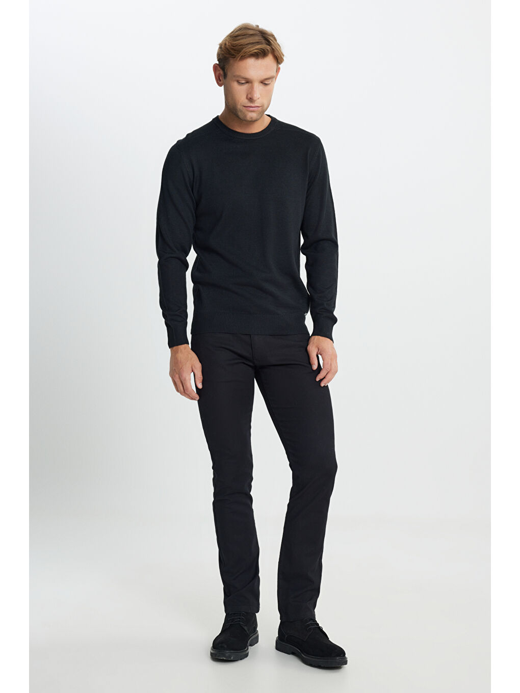 Erkek Siyah Yünlü Sıcak Tutan Standart Fit Normal Kesim Bisiklet Yaka Triko Kazak-1