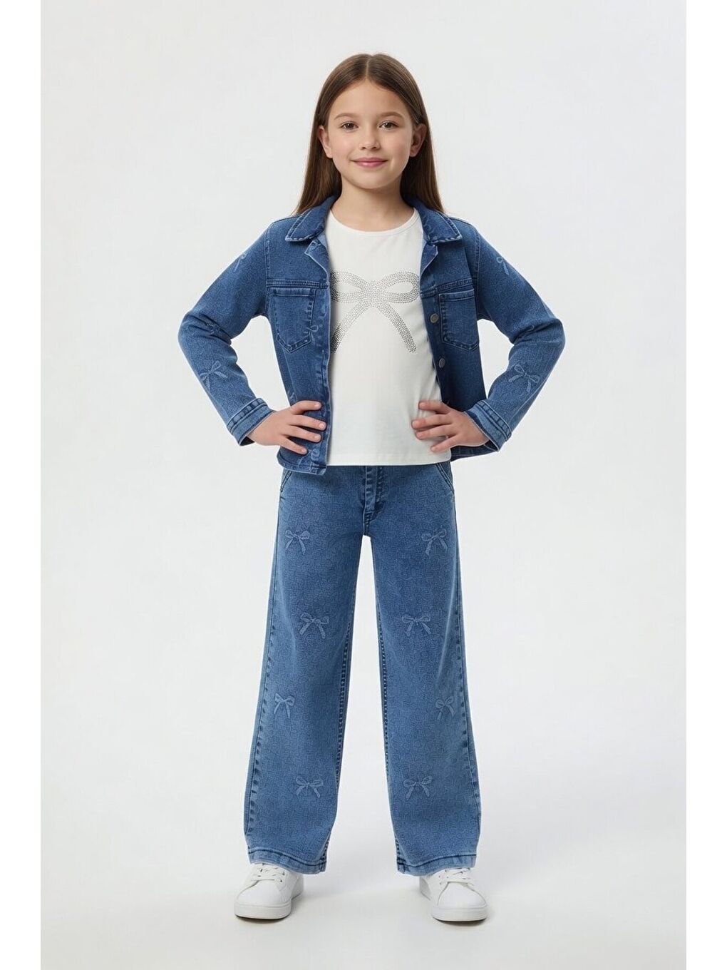 Mavi Fiyonk Desenli Jean Ceketli Pantolonlu Kız Çocuk Badili 3lü Takım 24131-1