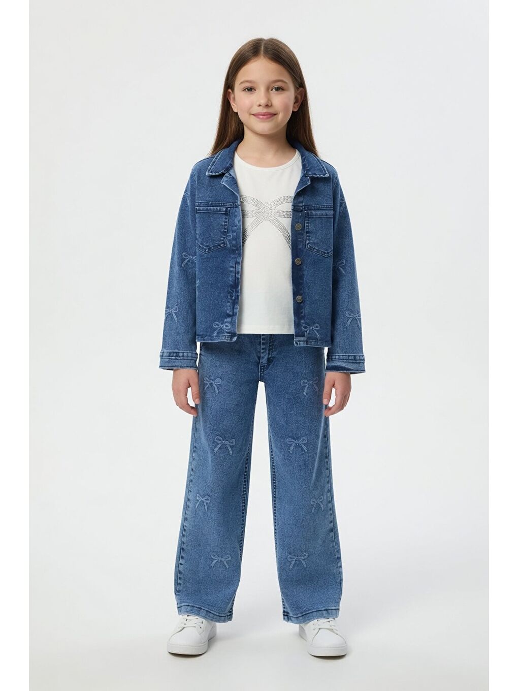 Mavi Fiyonk Desenli Jean Ceketli Pantolonlu Kız Çocuk Badili 3lü Takım 24131-2