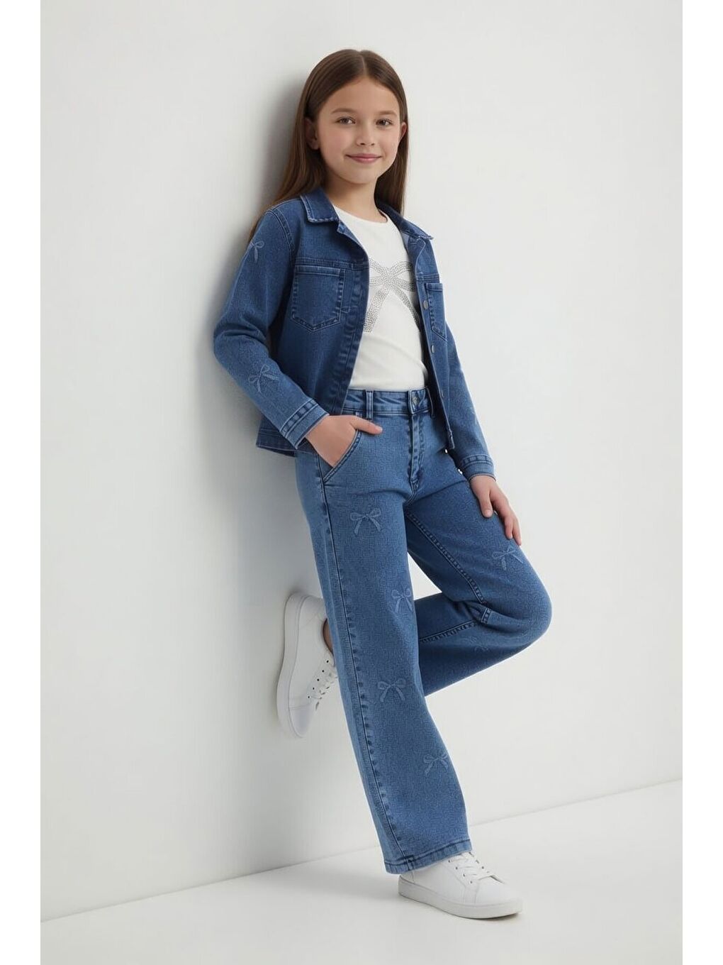 Mavi Fiyonk Desenli Jean Ceketli Pantolonlu Kız Çocuk Badili 3lü Takım 24131-3