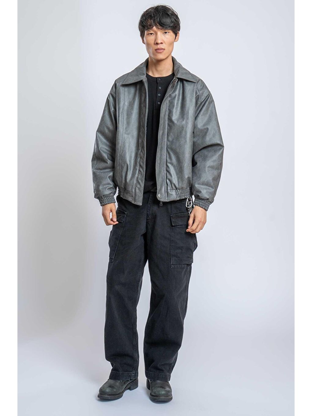 Erkek Oversize Fermuarlı Basic Deri Mont Gri-1