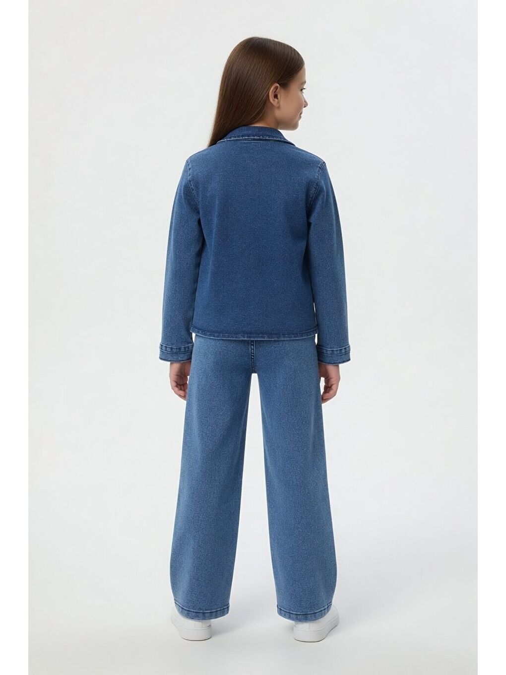 Mavi Fiyonk Desenli Jean Ceketli Pantolonlu Kız Çocuk Badili 3lü Takım 24131-4
