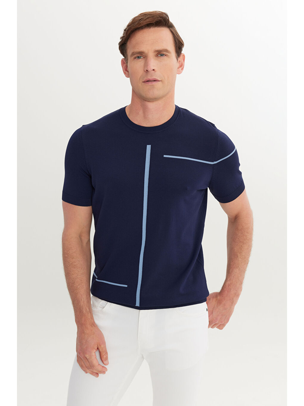 Erkek Lacivert Standart Fit Normal Kesim Bisiklet Yaka Jakarlı Triko Tişört-1