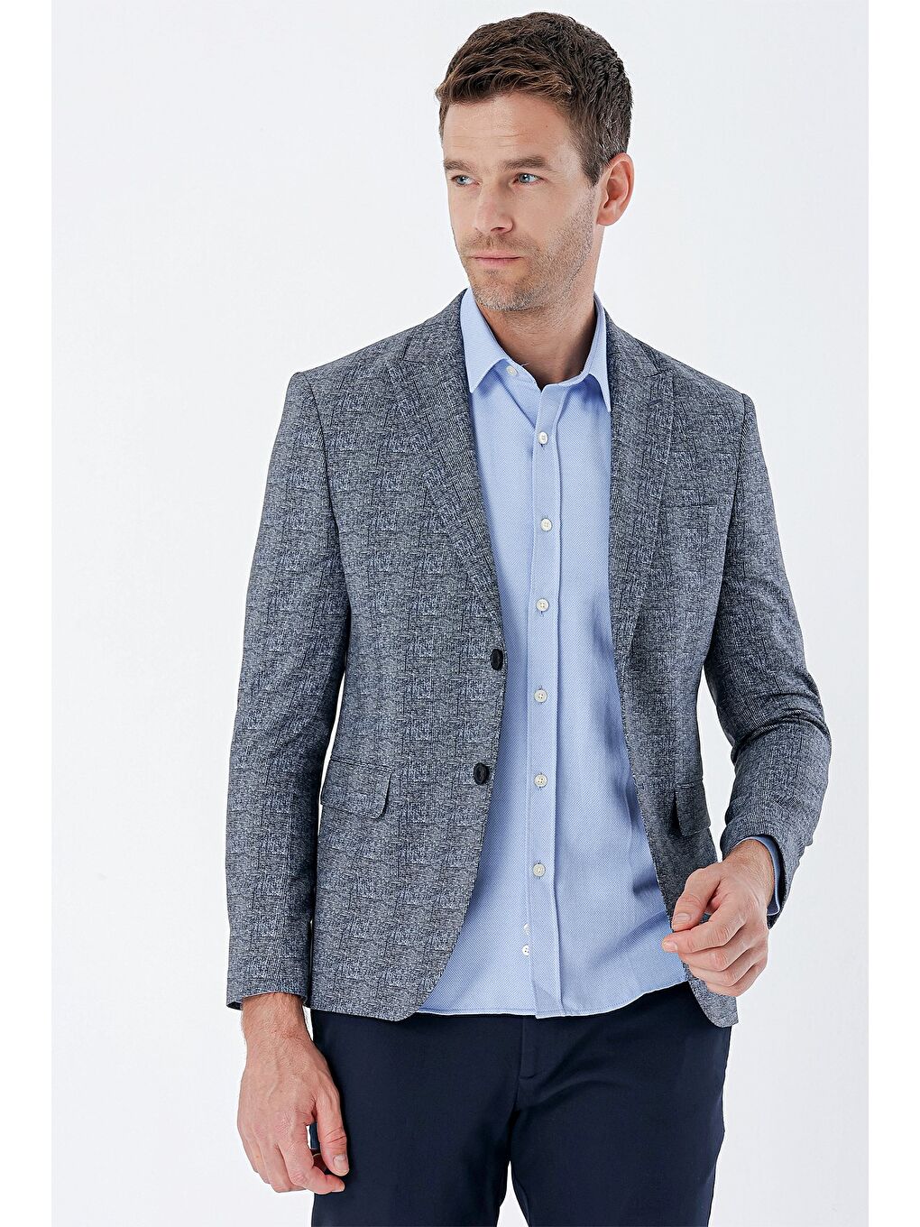 Lacivert Ekoseli Örme Kırlangıç Yaka Çift Yırtmaç 6 Drop Slim Fit Klasik Ceket 1002235110