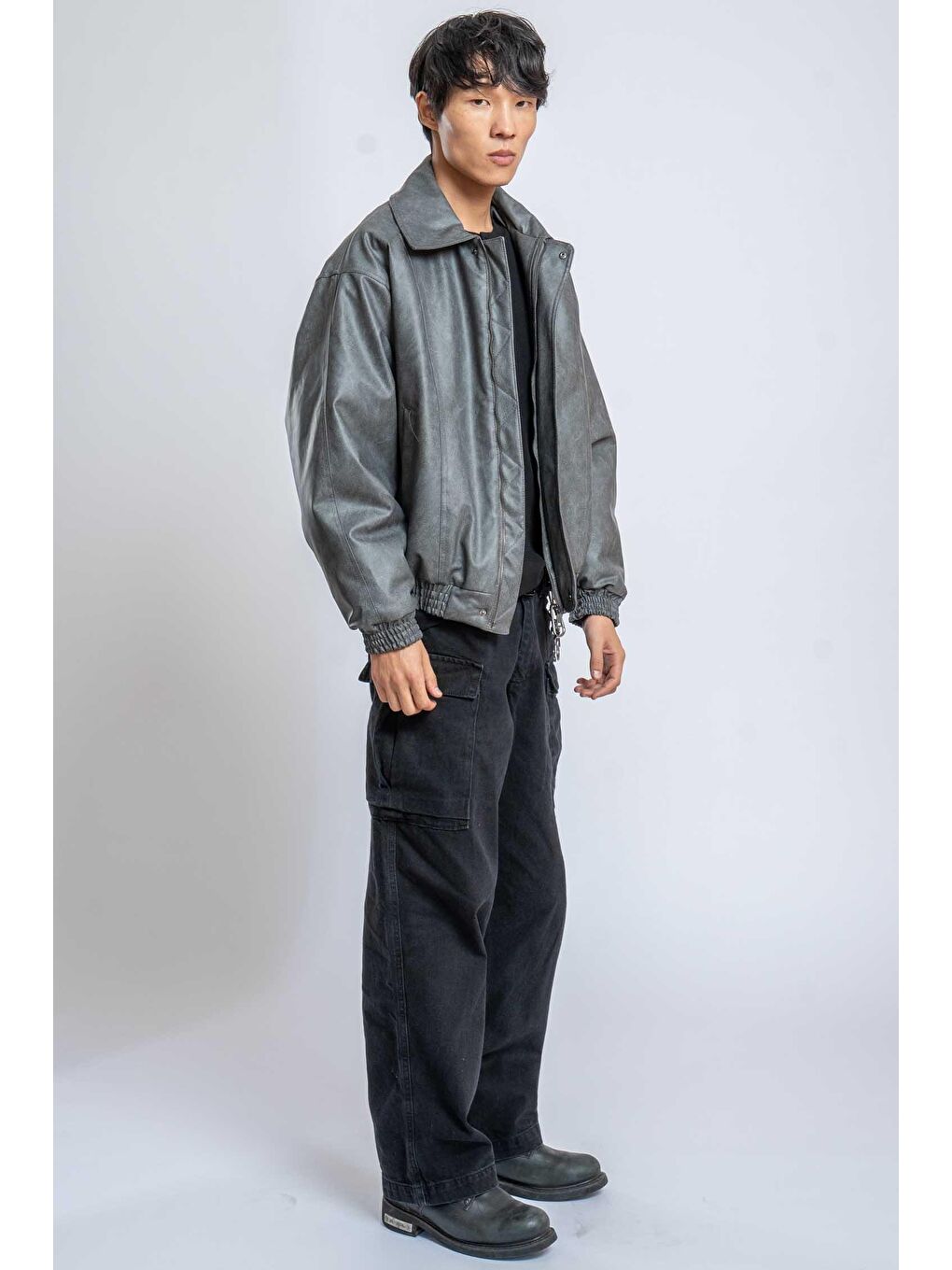 Erkek Oversize Fermuarlı Basic Deri Mont Gri-2