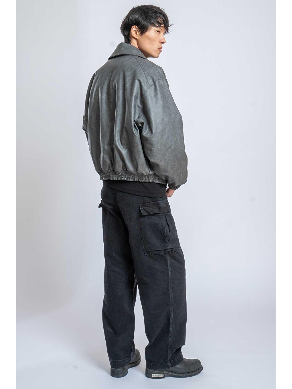 Erkek Oversize Fermuarlı Basic Deri Mont Gri-3