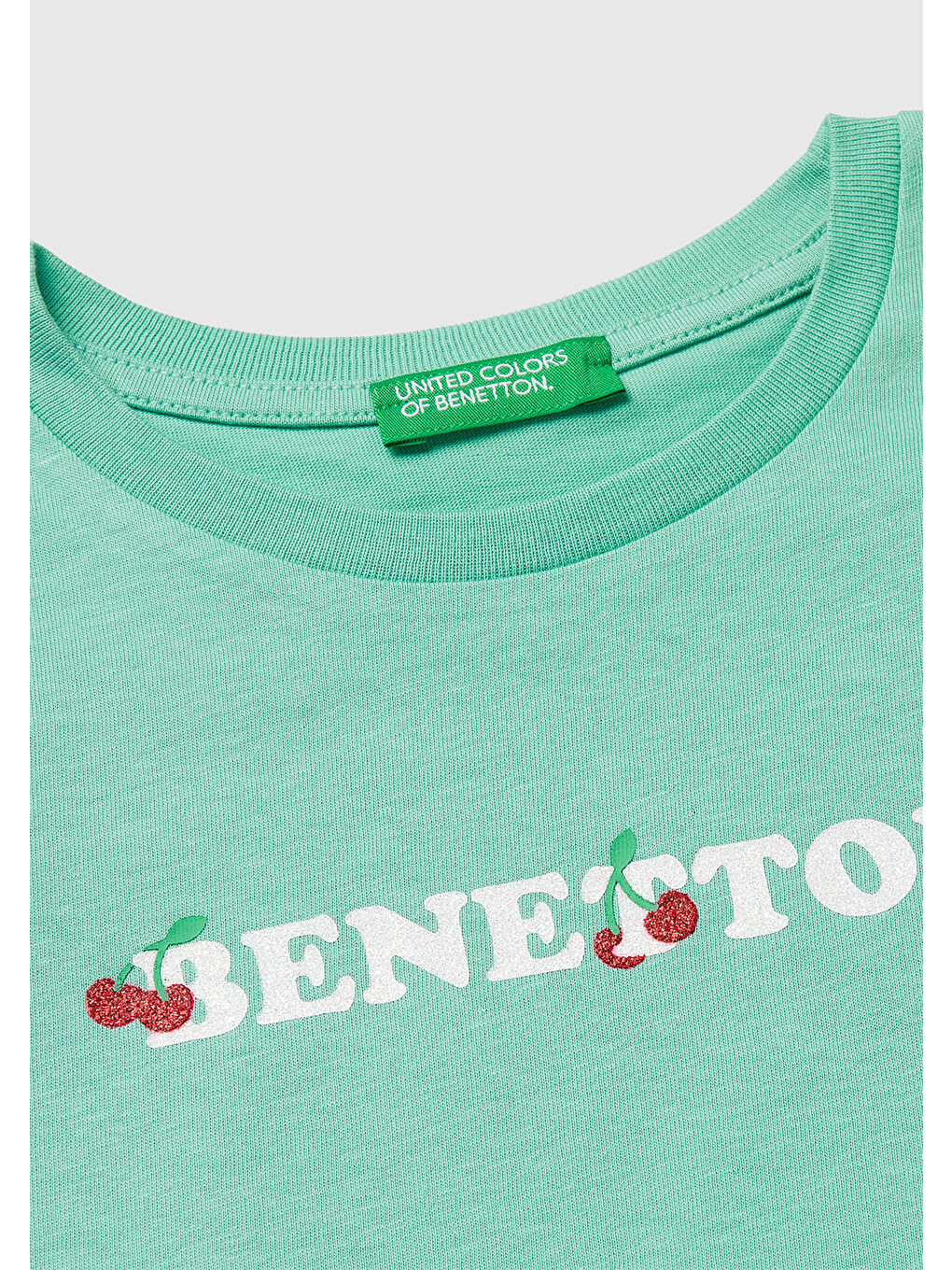 Yeşil Kız Çocuk Mint Simli Grafik Baskılı Kısa Kollu Ribanalı Yaka T-Shirt-2