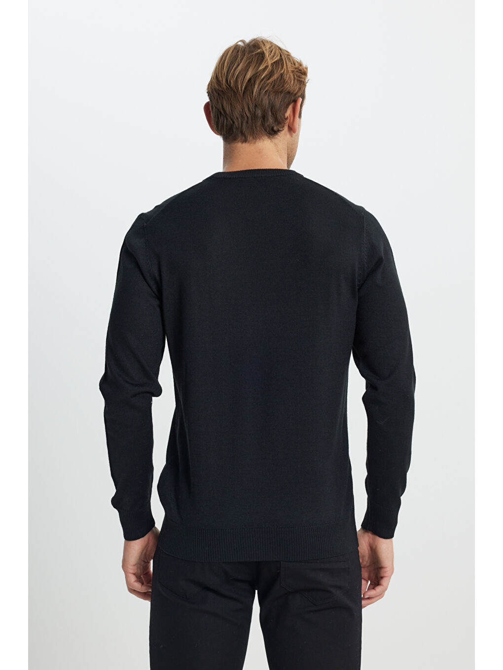 Erkek Siyah Yünlü Sıcak Tutan Standart Fit Normal Kesim Bisiklet Yaka Triko Kazak-5