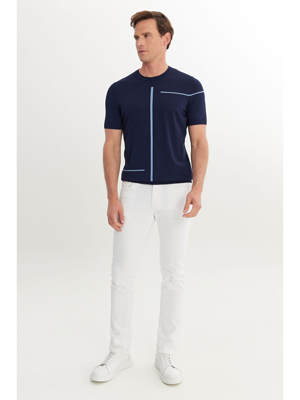 Erkek Lacivert Standart Fit Normal Kesim Bisiklet Yaka Jakarlı Triko Tişört-2