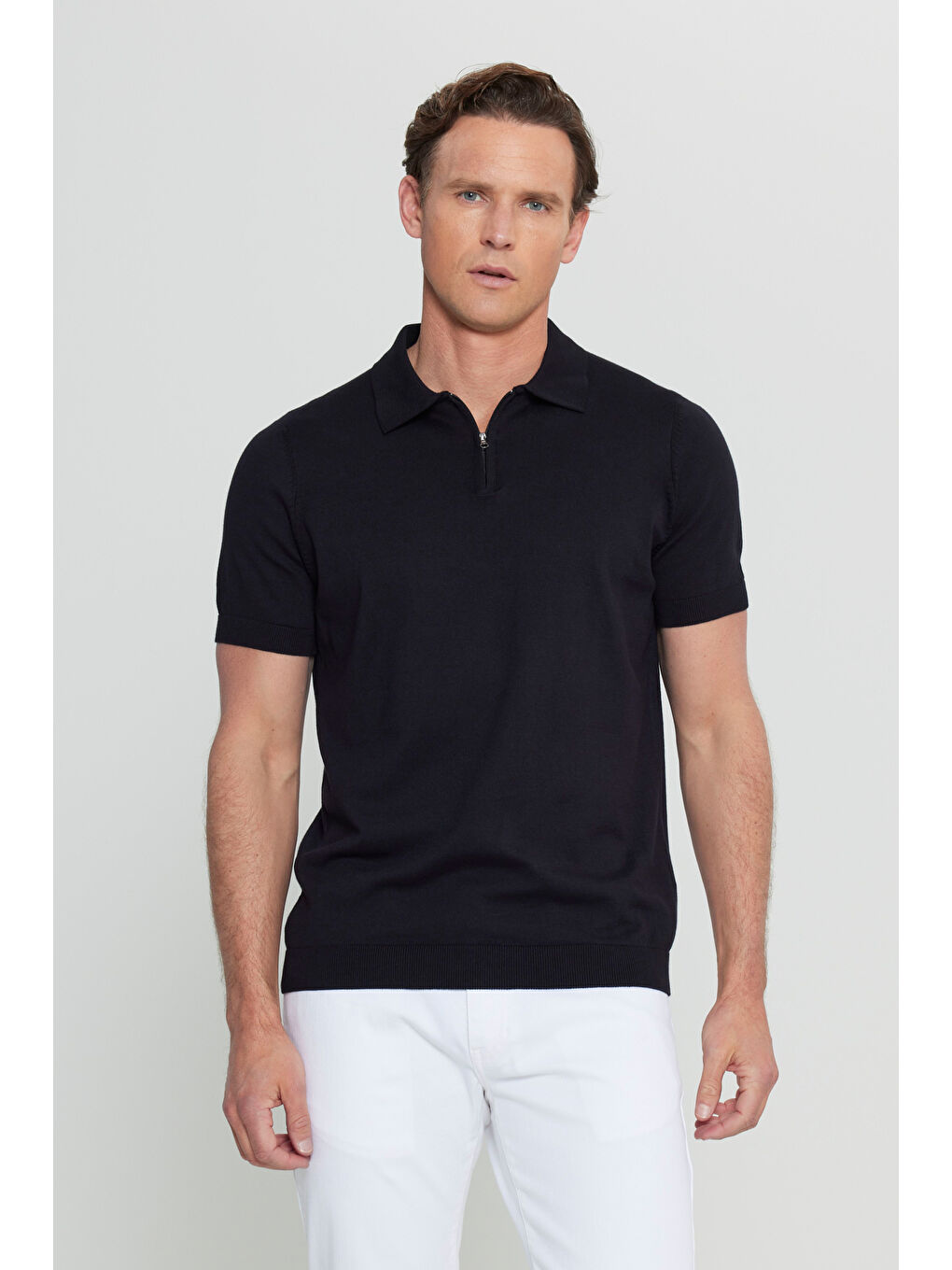 Erkek Siyah %100 Pamuk Standart Fit Normal Kesim Polo Yaka Triko Tişört