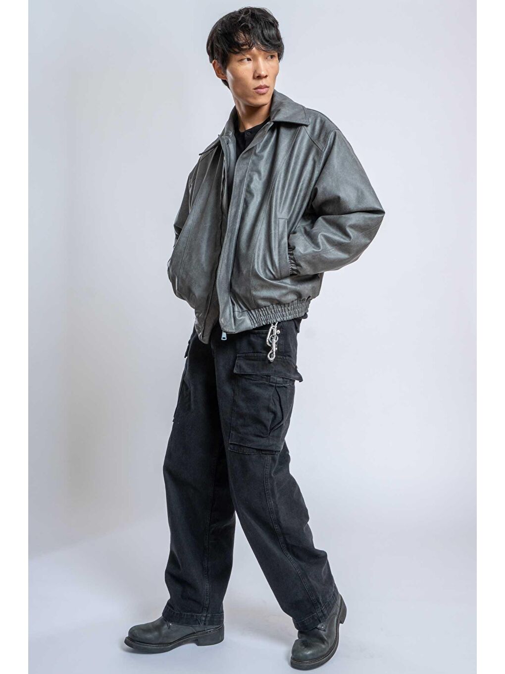 Erkek Oversize Fermuarlı Basic Deri Mont Gri-4