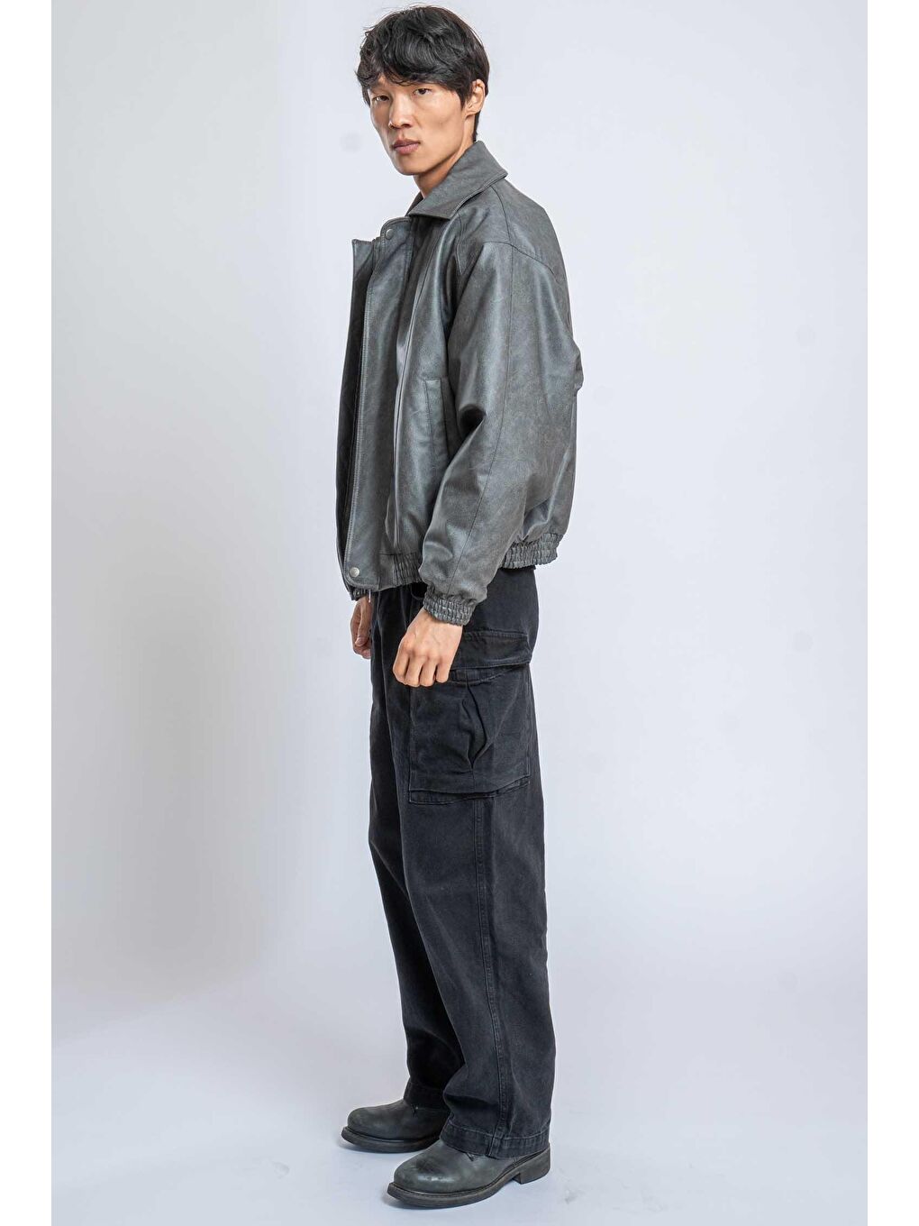 Erkek Oversize Fermuarlı Basic Deri Mont Gri-5