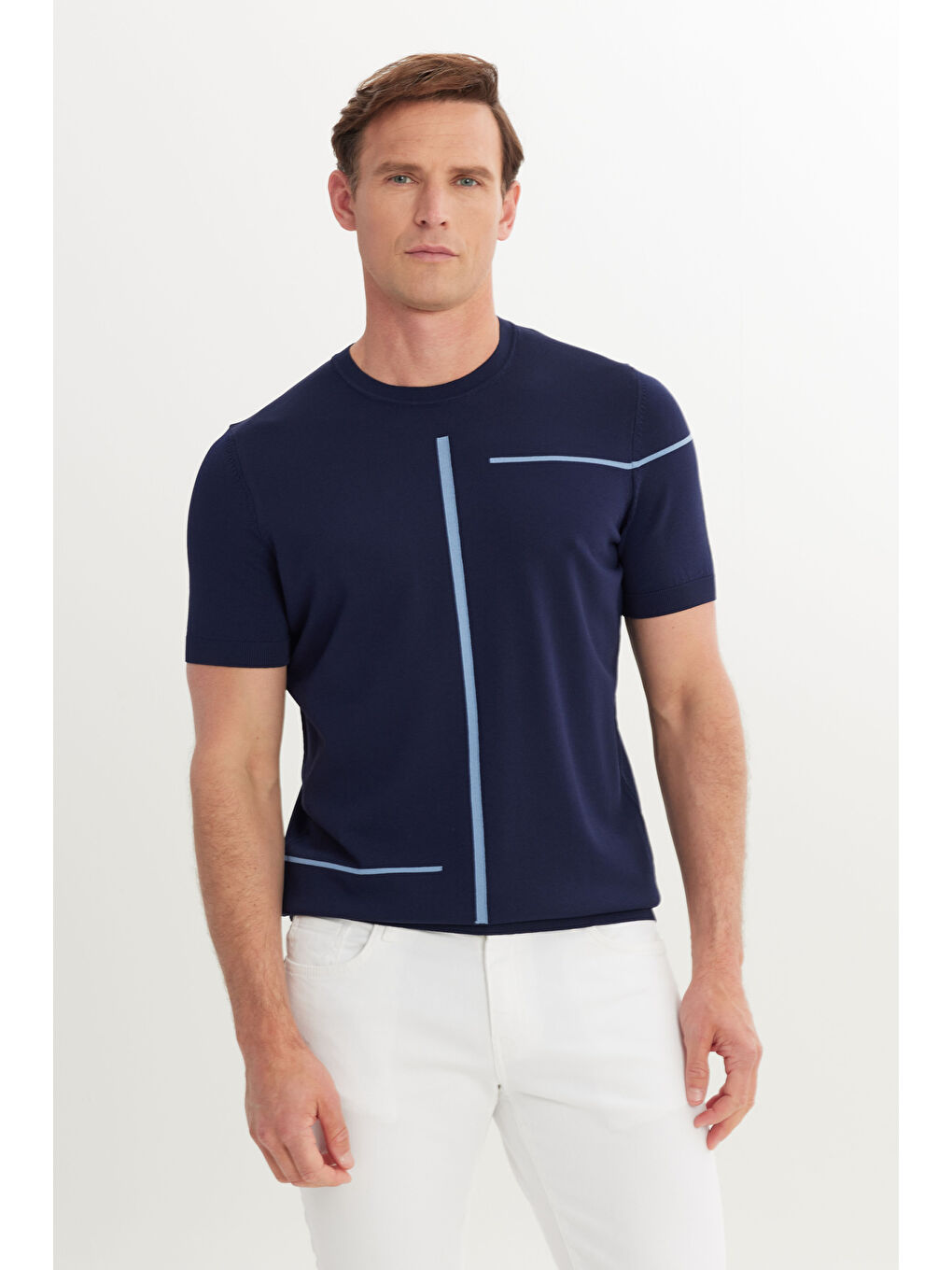 Erkek Lacivert Standart Fit Normal Kesim Bisiklet Yaka Jakarlı Triko Tişört-3