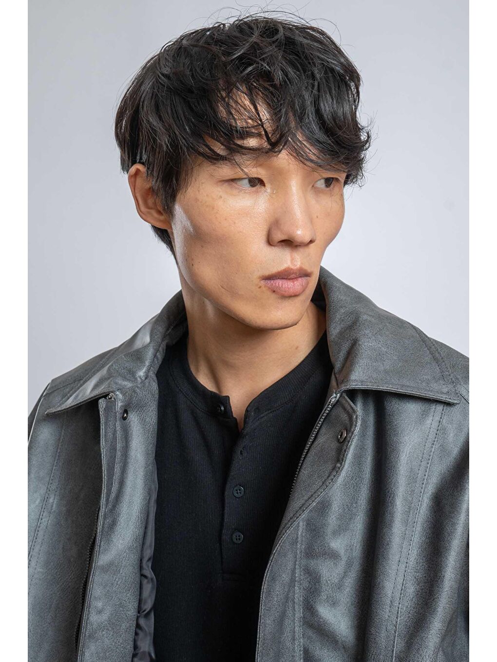 Erkek Oversize Fermuarlı Basic Deri Mont Gri-6