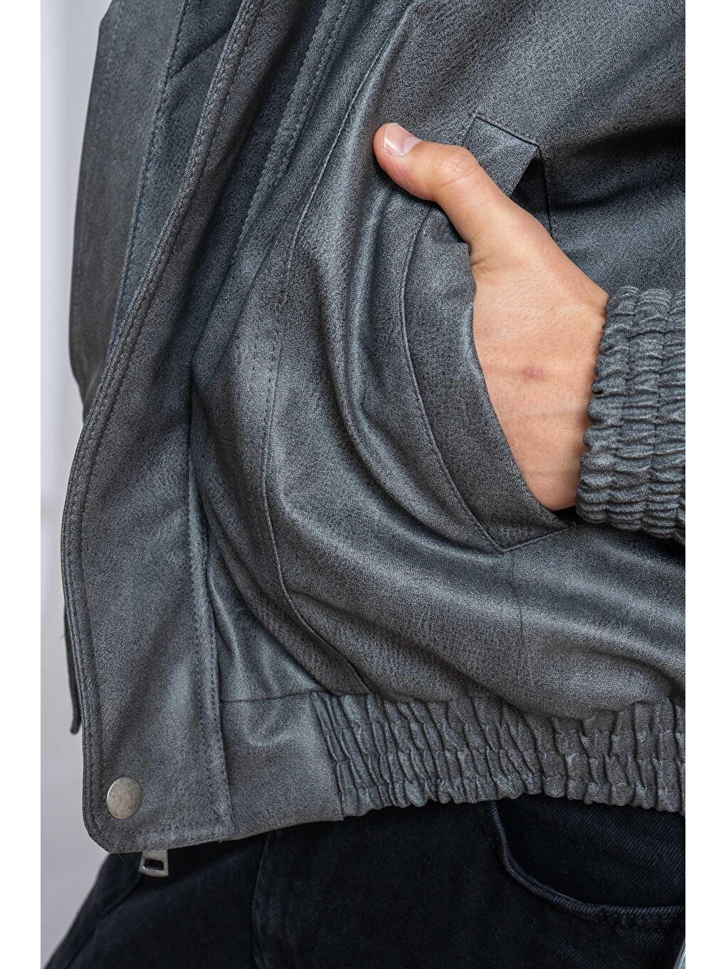 Erkek Oversize Fermuarlı Basic Deri Mont Gri-7