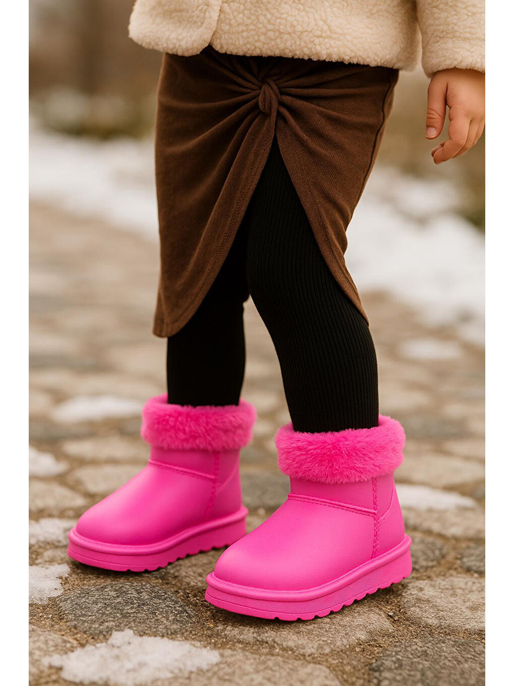 Kız Çocuk Fuşya İçi Kürklü Sıcak Astarlı Çocuk PVC Bot