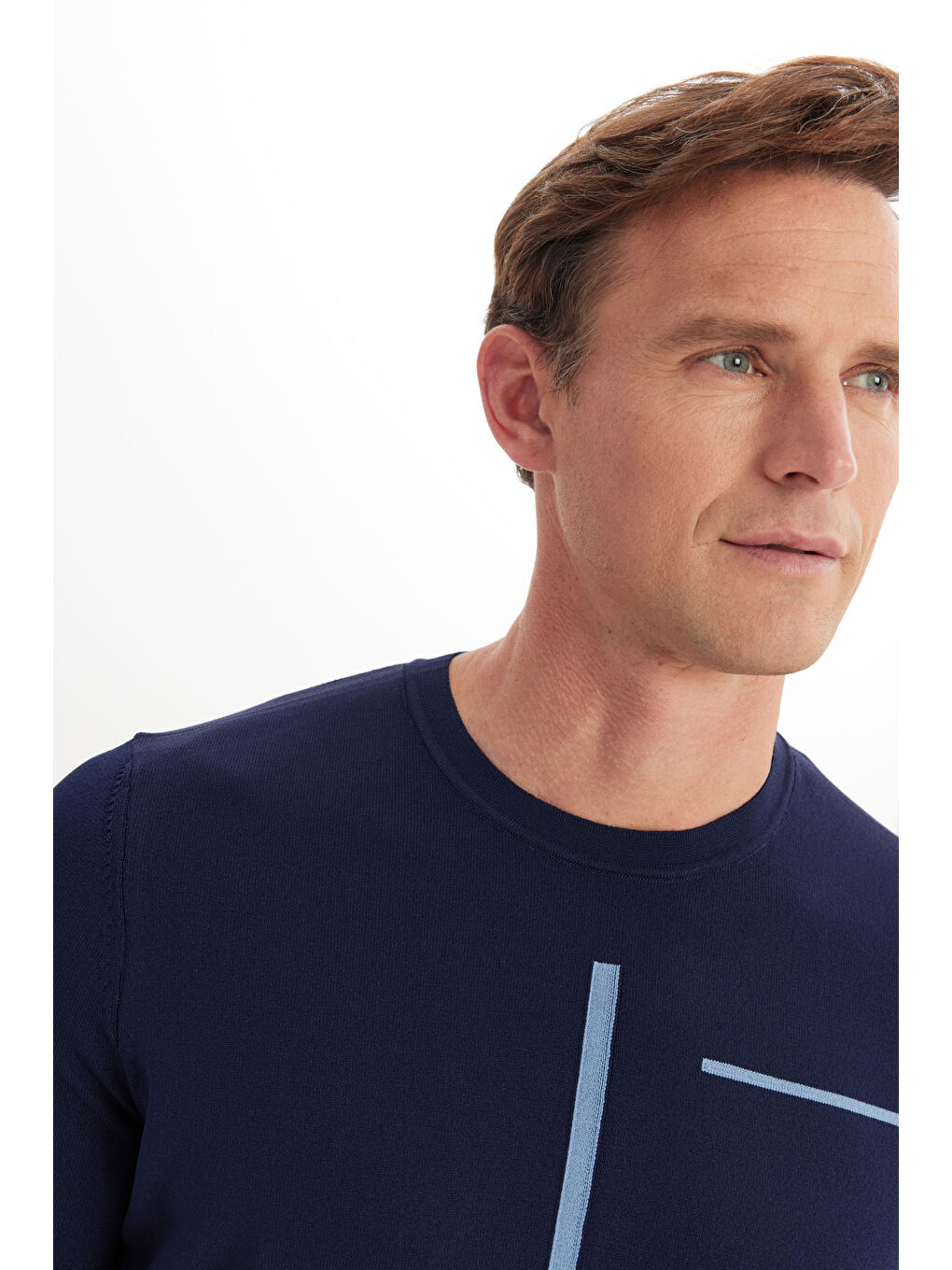 Erkek Lacivert Standart Fit Normal Kesim Bisiklet Yaka Jakarlı Triko Tişört-4