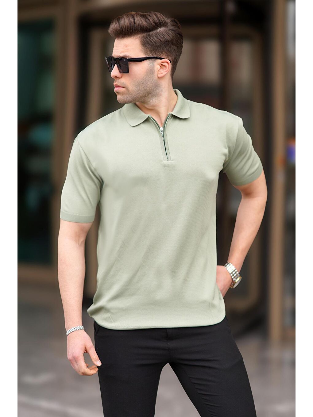 Yeşil Fermuar Detaylı Polo Yaka Triko Tişört 6885