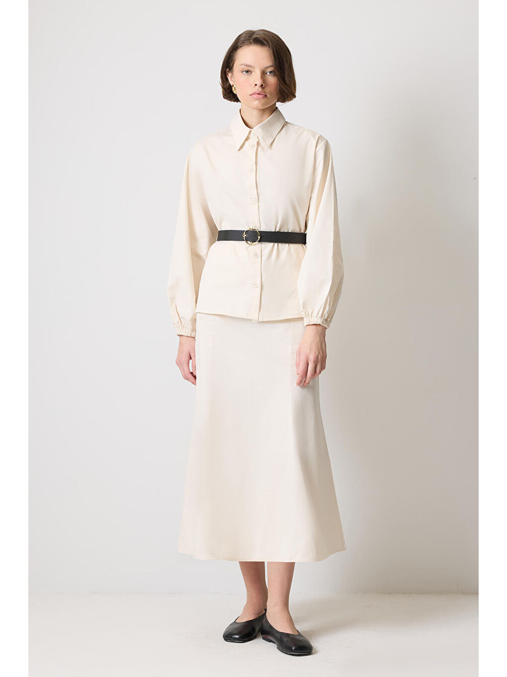 Ekru Kemerli Gömlek Etek Takım-1