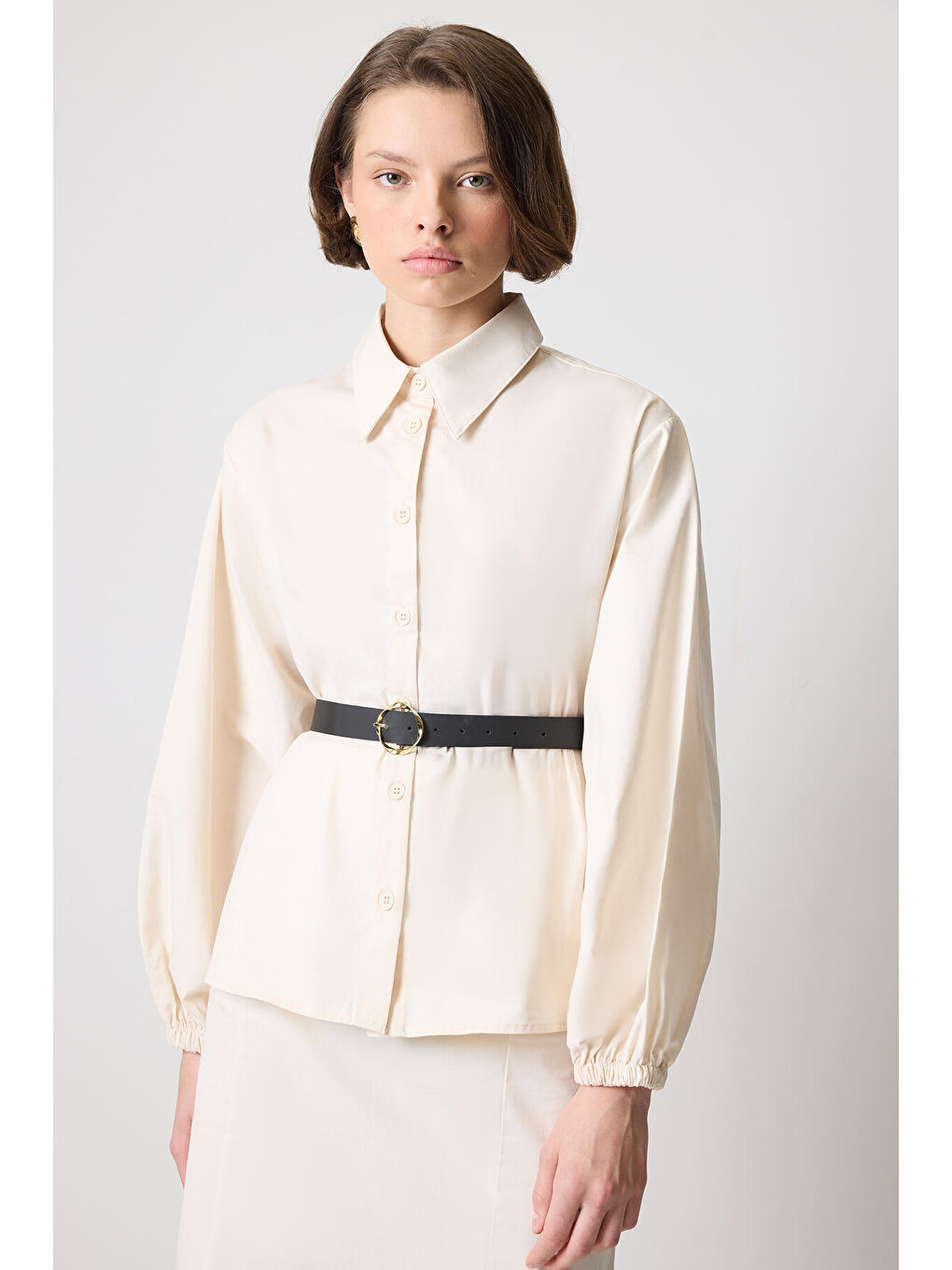 Ekru Kemerli Gömlek Etek Takım-2