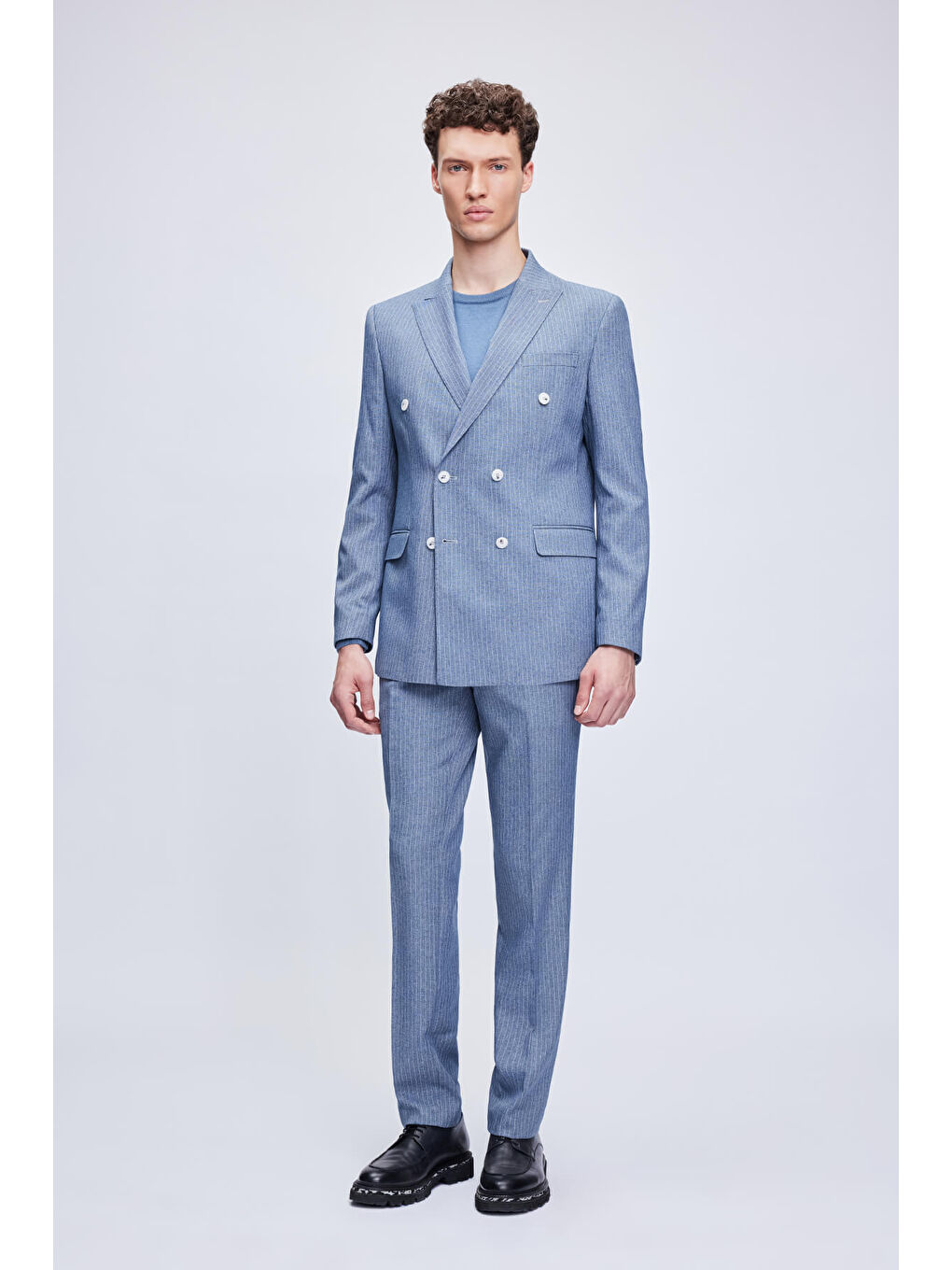 Mavi Slim Fit Çizgili Kruvaze Klasik Takım Elbise