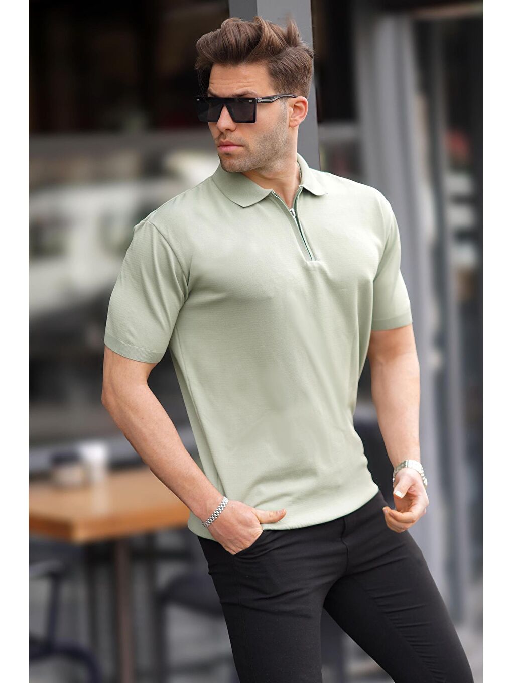 Yeşil Fermuar Detaylı Polo Yaka Triko Tişört 6885-1