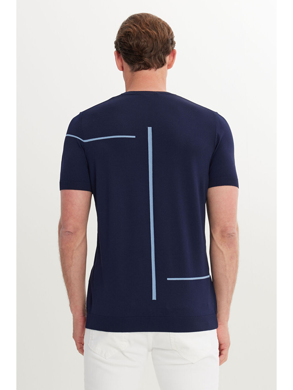 Erkek Lacivert Standart Fit Normal Kesim Bisiklet Yaka Jakarlı Triko Tişört-5