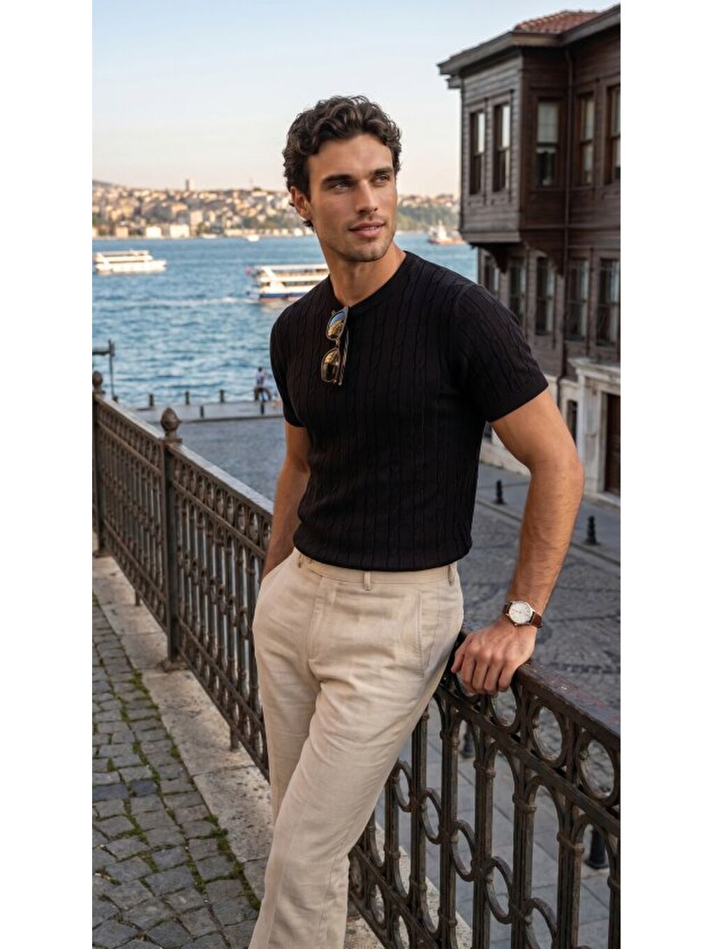 Siyah Erkek Bisiklet Yaka Triko Tişört-3