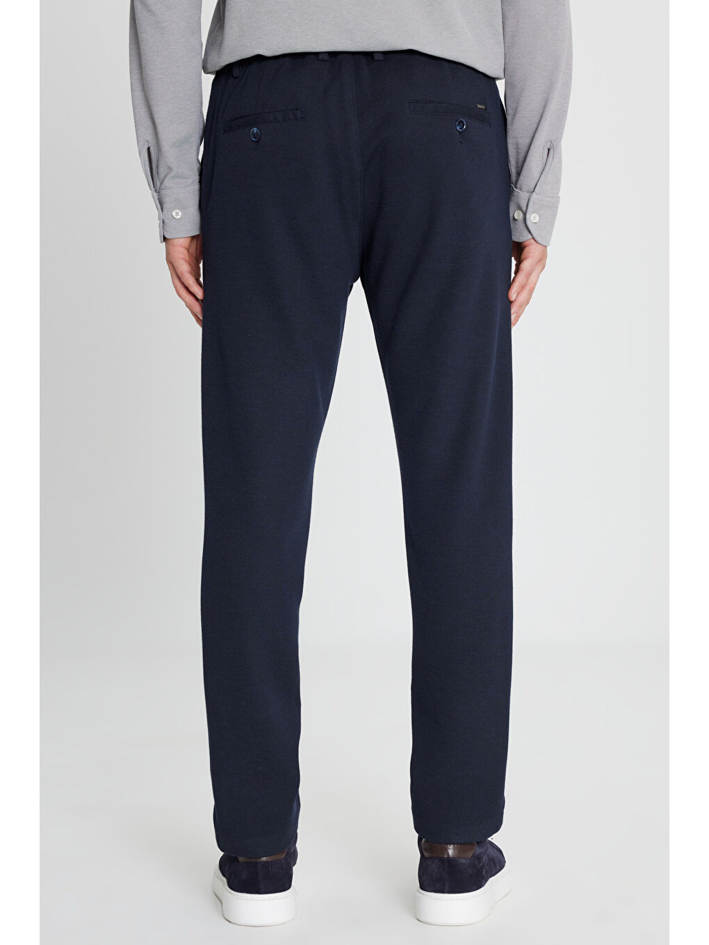 Erkek Lacivert 360 Her Yöne Esneyen Slim Fit Dar Kesim Beli Bağlamalı Armürlü Casual Pantolon-4