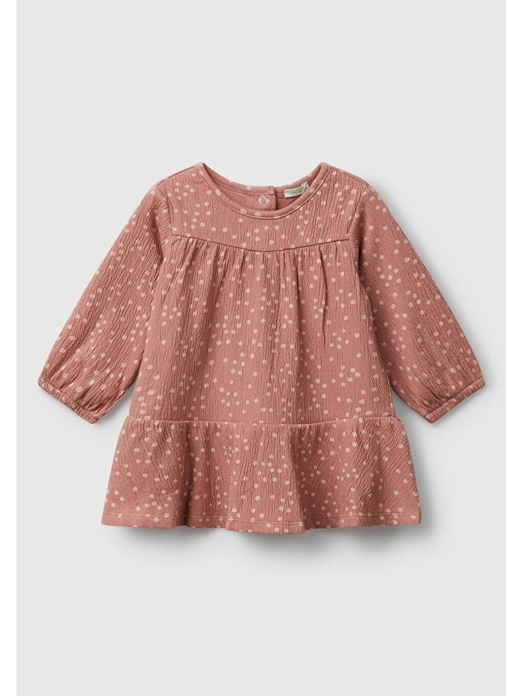 Pembe Bebek Gül Kurusu Tamamı Desenli Logo Etiketli Yuvarlak Yaka Volanlı Elbise