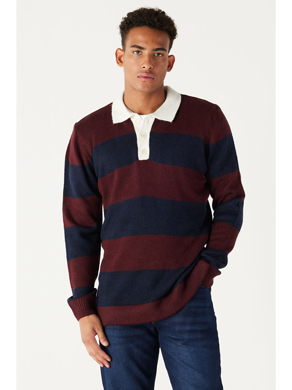 Erkek Bordo-Lacivert Standart Fit Normal Kesim Polo Yaka Çizgili Triko