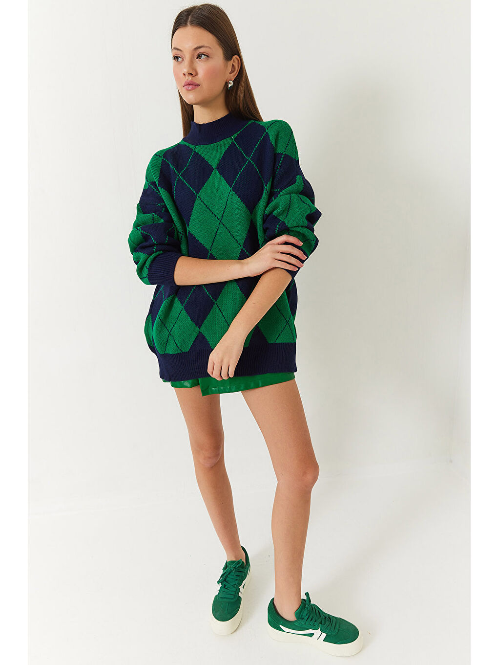 Lacivert Kadın Baklava Desenli Yarım Balıkçı Yaka Oversize Kalın Triko Kazak