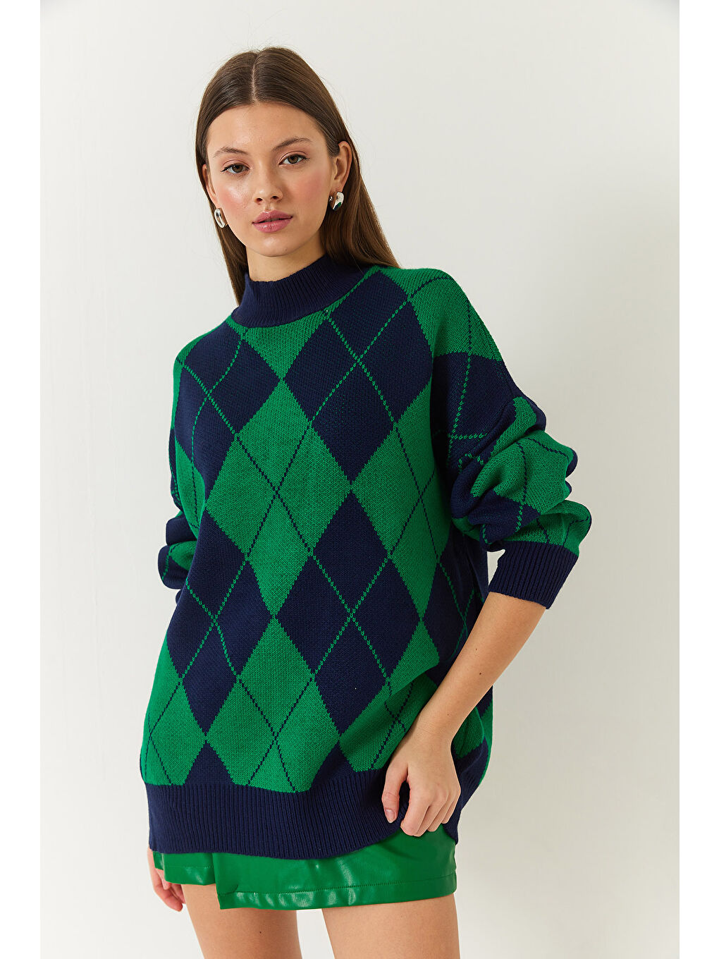 Lacivert Kadın Baklava Desenli Yarım Balıkçı Yaka Oversize Kalın Triko Kazak-2