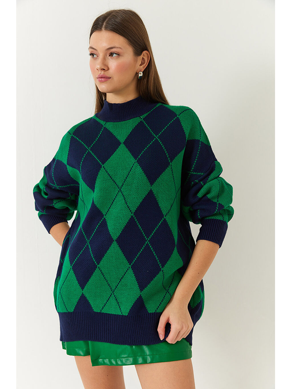 Lacivert Kadın Baklava Desenli Yarım Balıkçı Yaka Oversize Kalın Triko Kazak-3