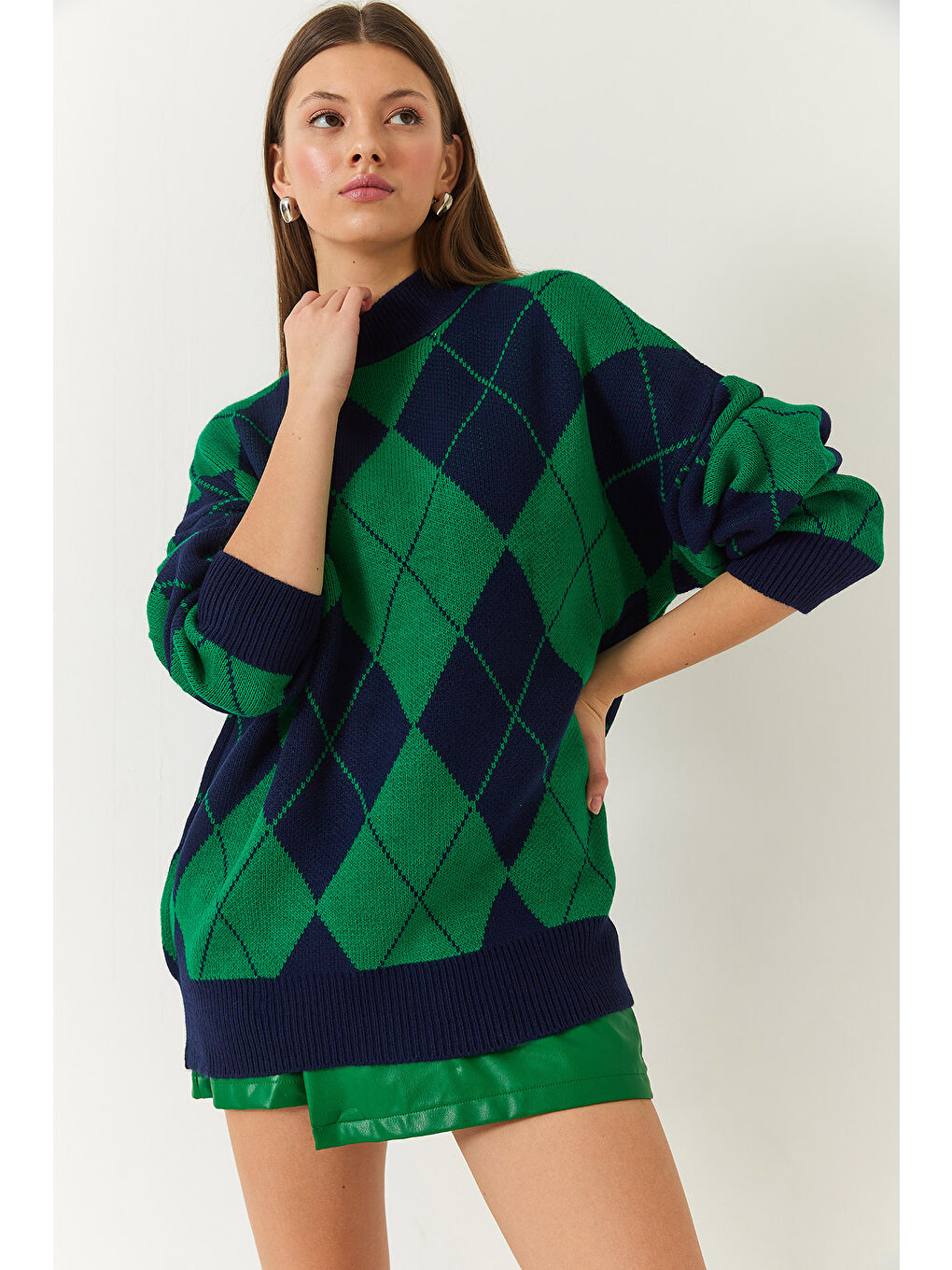 Lacivert Kadın Baklava Desenli Yarım Balıkçı Yaka Oversize Kalın Triko Kazak-4