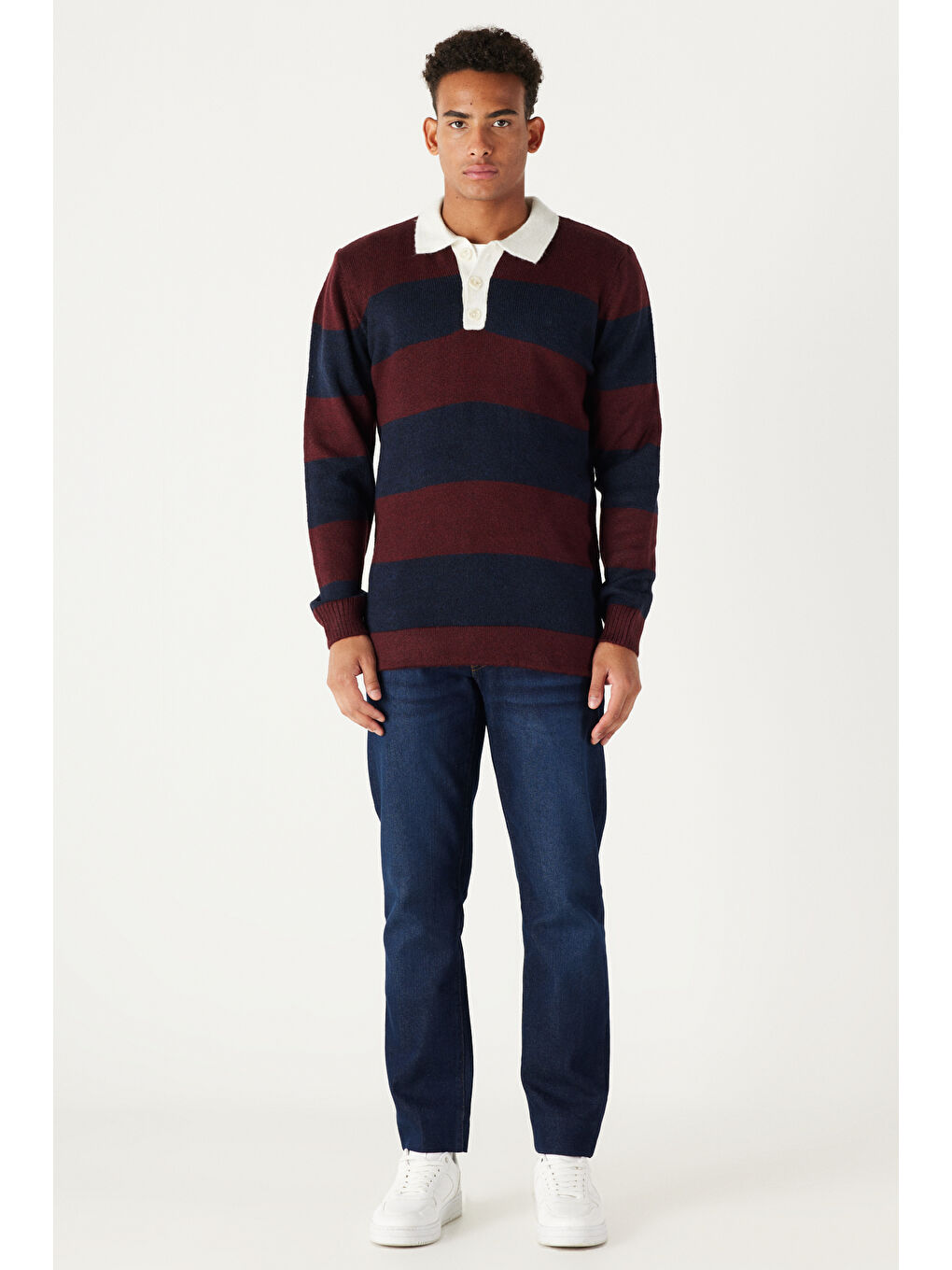 Erkek Bordo-Lacivert Standart Fit Normal Kesim Polo Yaka Çizgili Triko-1